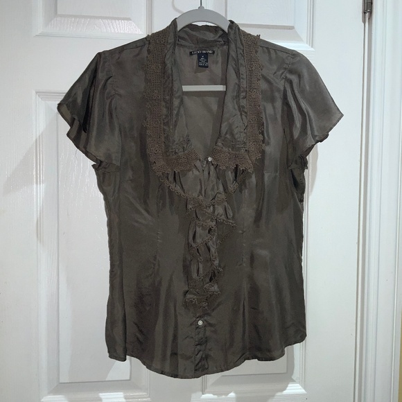 Lucky brand button front lace trim silk blouse Sz M square collar flutter sleeve - Picture 8 of 14
